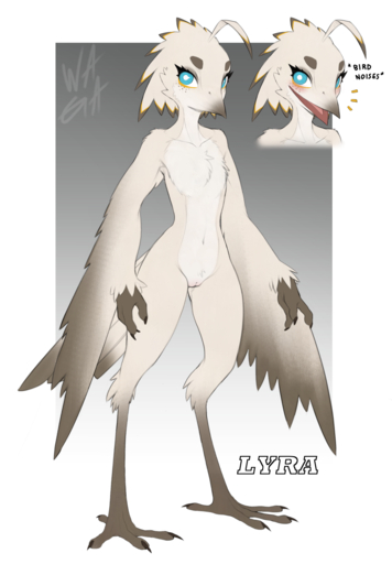 2022 3_fingers anthro avian beak biped blue_eyes cleft_of_venus english_text female fingers freckles genitals hi_res lyra_(w4g4) nude open_mouth pussy simple_background solo standing text w4g4 winged_arms wings // 1051x1511 // 832.0KB