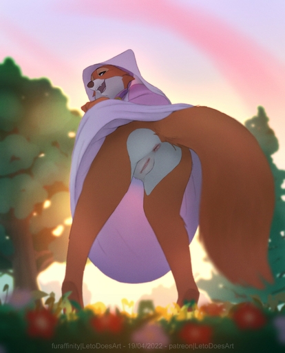 2022 anthro anus canid canine clothed clothing female fox fur genitals half-closed_eyes hi_res letodoesart looking_at_viewer looking_back looking_back_at_viewer maid_marian mammal mooning multicolored_body multicolored_fur narrowed_eyes open_mouth pussy red_body red_fur solo teeth text tongue white_body white_fur // 1700x2100 // 348.1KB