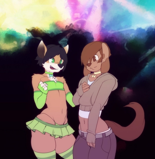 abstract_background anthro armwear bottomwear brown_body brown_eyes brown_fur canid canine canis clothed clothing collar crop_top crossdressing domestic_dog doxy duo elbow_gloves fingerless_gloves footwear fox fur girly gloves green_eyes hair hair_over_eye handwear happy hi_res hoodie legwear male mammal marty_(onta) middle_part midriff miniskirt navel one_eye_obstructed orange_body orange_fur panties panty_shot raynard shirt short_hair simple_background skimpy skirt smile socks thick_thighs thong topwear tube_top underwear wide_hips // 1256x1280 // 139.6KB