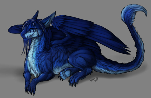 2019 blue_body blue_eyes blue_feathers blue_fur claws danero digital_media_(artwork) dragon feathered_wings feathers feral fur furred_dragon grey_background hi_res lying simple_background smile solo wings // 2048x1326 // 1.8MB