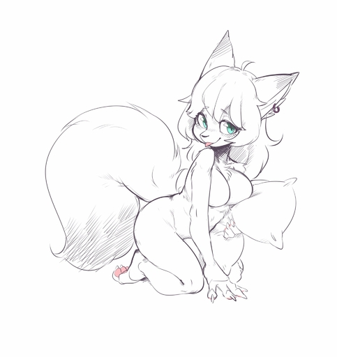 2019 4_fingers anthro blue_eyes blush breasts canid canine ear_piercing ear_ring featureless_breasts female fingers fluffy fluffy_tail fox fur hair hi_res kemono lc79510455 long_hair looking_at_viewer mammal medium_breasts nude pawpads piercing pillow simple_background sketch snout solo tongue tongue_out white_background white_body white_fur white_hair // 1932x2048 // 197.4KB