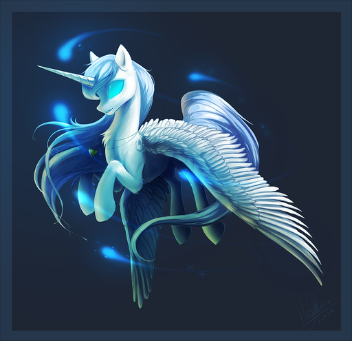 2014 blue_eyes blue_glow equid equine feathered_wings feathers female feral floating fur glowing hair hioshiru hooves horn horse jewelry mammal necklace ridged_horn sharp_horn simple_background solo unicorn_horn white_body white_feathers white_fur white_hair winged_unicorn wings // 1147x1108 // 868.5KB
