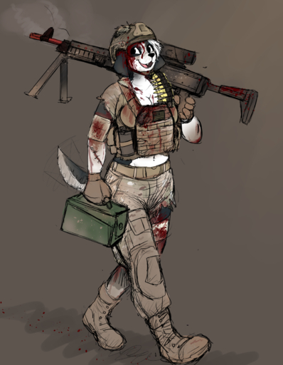 2019 anthro armor army bandage bandolier blood bodily_fluids bottomwear breasts bullet bulletproof_vest canid canine canis clothed clothing digital_media_(artwork) female fur gun headgear helmet hi_res hladilnik holding_gun holding_object holding_weapon humanoid_hands m240 machine_gun mammal midriff military military_uniform motion_blur motion_lines navel open_mouth pants plate_carrier ranged_weapon samantha_thott shirt simple_background smile smoking_gun solo surgical_suture tailwag topwear uniform weapon wounded // 1280x1646 // 1.3MB