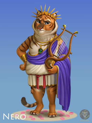 anthro clothing crown felid gem gold_(metal) gold_jewelry grey_eyes grumpy hi_res jewelry looking_at_viewer male mammal necklace nero_(vestina) orange_body pantherine ring solo striped_body stripes text tiger toga tunic vestina white_body // 1398x1862 // 1017.9KB