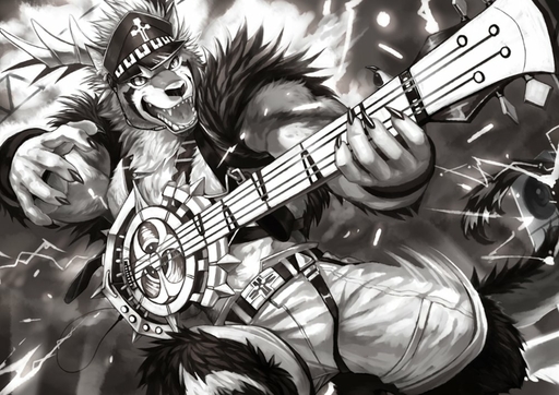 2018 anthro bass_guitar biceps black_nose canid canine clothing digital_media_(artwork) fur guitar male mammal muscular muscular_anthro muscular_male musical_instrument null-ghost open_mouth plucked_string_instrument simple_background solo string_instrument // 1000x707 // 151.5KB