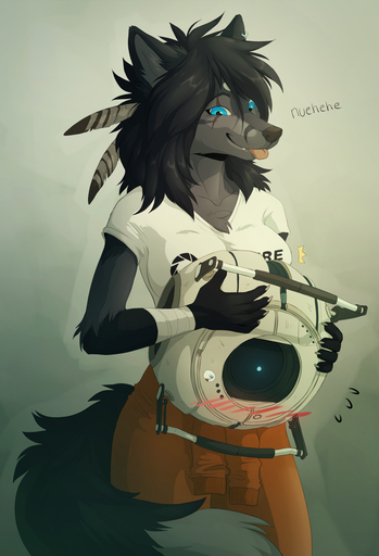1_eye 5_fingers anthro anthro_on_non-humanoid_machine artificial_intelligence bandage big_eyes black_body black_face black_hair black_nose black_tail blue_eyes blue_light blush blush_lines bodily_fluids canid canine canis claws clothed clothing colored duo ear_piercing embarrassed enfield feathers female female_anthro fingers fully_clothed_anthro fully_clothed_female fur gradient_background grey_background grey_body grey_face grey_fur grey_text hair hand_on_face hi_res hioshiru hioshiru_(character) holding_partner humanoid_hands larger_anthro larger_female looking_down_at_partner looking_forward machine male malefemale male_non-humanoid_machine mammal multicolored_body multicolored_face non-humanoid_machine orb_robot personality_core_(portal) piercing pink_blush portal pupils red_blush robot shaded sharp_teeth simple_background size_difference small_pupils smaller_male smaller_non-humanoid_machine smile standing sweat sweatdrop teeth text tongue tongue_out video_games wheatley white_body white_claws wolf // 818x1200 // 748.7KB