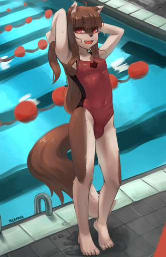 5_toes ahoge anthro barefoot breasts brown_body brown_fur brown_hair bulge canid canine canis clothed clothing collarbone covered_navel digital_media_(artwork) eyebrow_through_hair eyebrows eyelashes feet fur gynomorph hair hi_res holo intersex long_hair looking_at_viewer mammal one-piece_swimsuit open_mouth orange_eyes plantigrade poolside seraziel shaded simple_background small_breasts solo swimwear teeth toes tongue translucent translucent_hair water wet wolf // 1089x1683 // 1.1MB