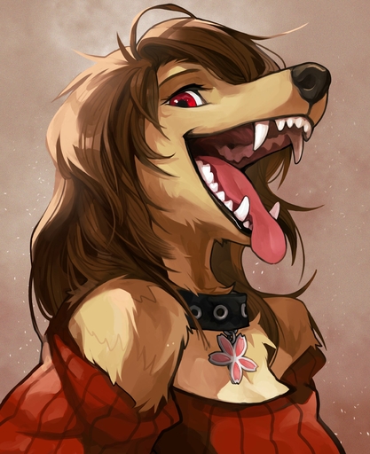 absurd_res anthro bangs brown_hair canid canine canis clothing collar collie domestic_dog female fur gaping_mouth hair hair_over_eye herding_dog hi_res mammal one_eye_obstructed open_mouth pastoral_dog red_eyes rough_collie sheepdog smile solo sweater swept_bangs tan_body tan_fur teeth_showing tongue topwear wavy_hair windwttom // 2037x2500 // 795.5KB