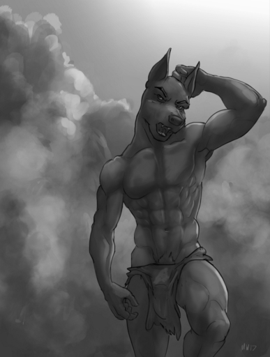 2017 abs anthro biceps bottomwear bulge canid canine canis clothed clothing digital_media_(artwork) dobermann domestic_dog greyscale loincloth male mammal marsonaut monochrome muscular muscular_anthro muscular_male navel pecs pinscher pubes showing_(disambiguation) skimpy solo topless // 756x1000 // 329.3KB