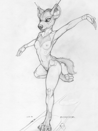 2014 anthro breasts ecmajor female hi_res hyaenid looking_at_viewer machine mammal monochrome nude sine_(character) solo spotted_hyena traditional_media_(artwork) // 962x1280 // 131.2KB