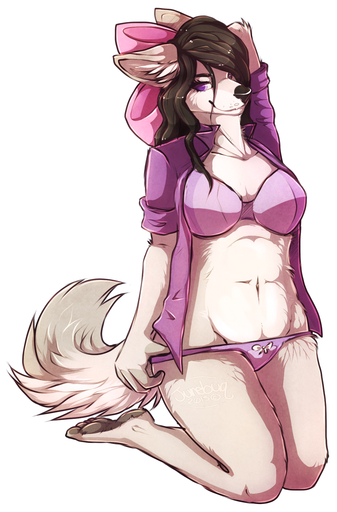 2015 aggie anthro arctic_fox biped black_hair bow_(disambiguation) bra canid canine clothed clothing digital_media_(artwork) female fox fur hair hi_res junebuq kneeling looking_at_viewer mammal panties purple_eyes simple_background smile solo underwear undressing vulpes white_body white_fur // 1036x1573 // 1.0MB