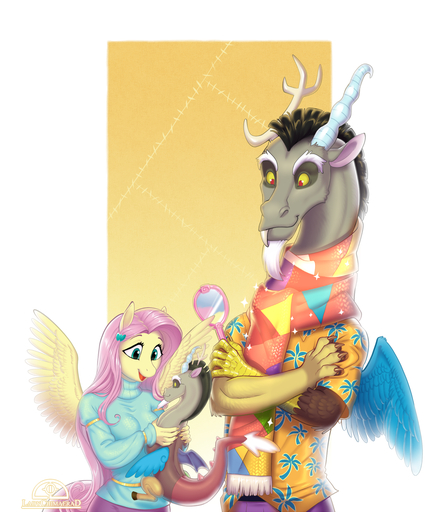 accessory aloha_shirt anthro anthrofied blue_eyes chimera clothing crossed_arms discord_(mlp) draconequus duo equid equine female fluttershy_(mlp) hair hair_accessory hairclip hi_res holding_object horse ladychimaera ladychimaerad long_hair mammal mirror open_mouth open_smile pattern_clothing pattern_shirt pattern_topwear pegasus pink_hair plushie red_eyes scarf shirt simple_background size_difference smile topwear wings yellow_sclera // 1371x1600 // 1.7MB