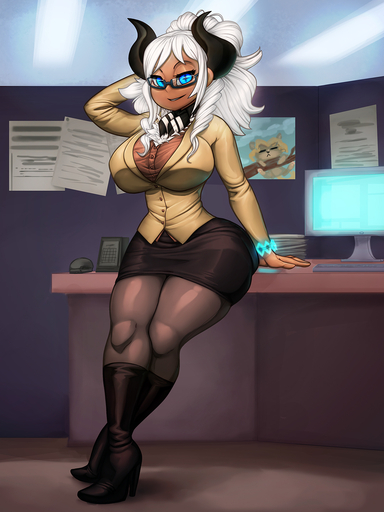 big_breasts black_bottomwear black_clothing black_skirt blue_eyes boots bottomwear breasts business_suit clothing computer_monitor female footwear furniture general-irrelevant hair hand_behind_head hi_res high_heeled_boots high_heels horn horned_humanoid humanoid inside legwear looking_at_viewer not_furry office pantyhose skirt smile solo square_glasses suit table white_hair // 1080x1440 // 584.0KB