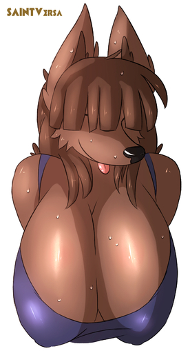 big_breasts bra breasts brown_body brown_fur canid canine canis clothing domestic_dog female fur hi_res mammal saintversa simple_background tongue tongue_out underwear wet white_background // 1030x1913 // 928.5KB