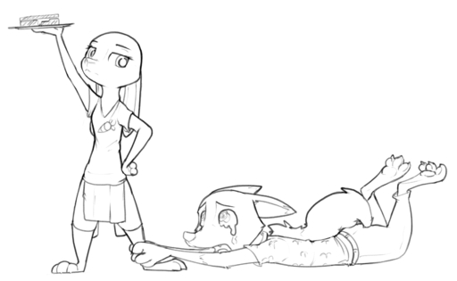 absurd_res anthro black_and_white bodily_fluids bottomwear canid canine clothed clothing duo female food fox fully_clothed grilled_cheese hi_res holding_plate judy_hopps lagomorph leporid lying male mammal monochrome nick_wilde on_front rabbit sandwich_(food) shorts sketch standing tears zhanbow // 3303x2035 // 949.8KB
