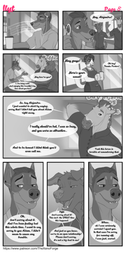 1:2 adam_(xenoforge) alejandro anthro canid canine canis clothed clothing comic comic_page conditional_dnp david_(xenoforge) domestic_dog duo english_text equid equine felid feline female fur group hair headphones hi_res horse male mammal music parker simple_background text url xenoforge // 640x1280 // 422.9KB