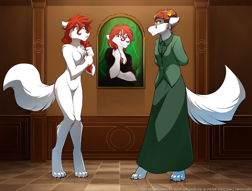 2017 age_difference anthro barefoot bottomwear braided_hair breasts canid canine canis casual_nudity chest_tuft clothed clothing conditional_dnp digitigrade duo ear_piercing ears_back eyewear featureless_breasts featureless_crotch feet female fur glasses green_eyes hair hair_grab hi_res inside keidran knock-kneed mammal mature_female nude painting piercing pivoted_ears red_hair roselyn_(twokinds) skirt smile square_crossover text tom_fischbach touching_hair tuft twokinds url webcomic webcomic_character white_body white_fur wolf // 1920x1452 // 1.8MB