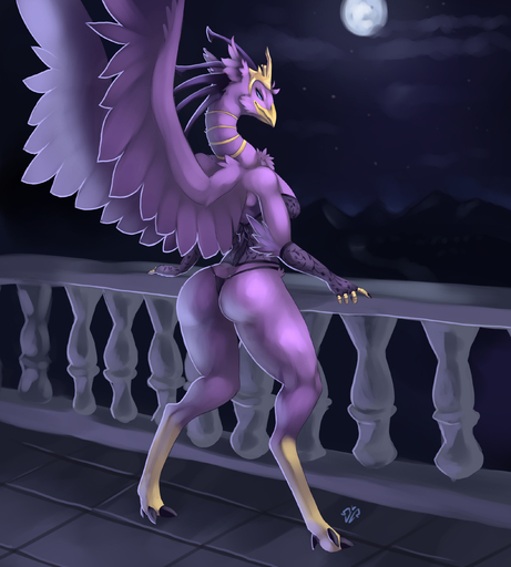 2016 absurd_res anthro armwear avian balcony barefoot beak big_butt biped black_claws blue_eyes breasts bustier butt cervid claws clothed clothing cloud crown erestrebah_erinnye feathered_wings feathers feet female full_moon half-closed_eyes hi_res hippogriff hybrid lingerie long_neck looking_at_viewer looking_back mammal moon mountain mythological_avian narrowed_eyes night non-mammal_breasts outside purple_body purple_feathers rear_view side_boob skimpy sky solo standing star thong toe_claws underwear wings zerolativity // 2507x2785 // 2.2MB
