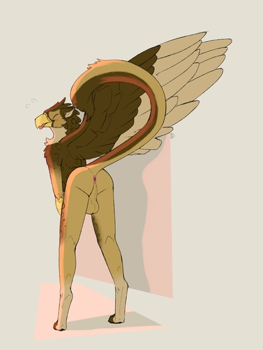 2021 3:4 absurd_res anthro anus avian backsack balls blep blush blush_lines brown_body brown_feathers brown_fur butt digitigrade eyes_closed feathered_wings feathers fur genitals gryphon hi_res kavik male mythological_avian mythology perineum raised_tail scuted_arms securipun simple_background solo tan_body tan_fur tongue tongue_out wings // 3000x4000 // 345.7KB
