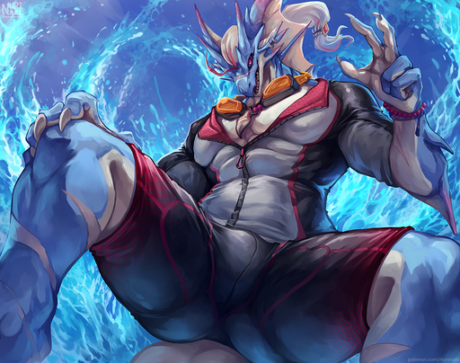 2021 abs anthro blue_body blue_scales bulge clothing dragon eyewear goggles hair hydoor male muscular muscular_anthro muscular_male nurinaki pecs scales shaded short solo spread_legs spreading swimwear video_games water white_hair // 1150x908 // 1.4MB