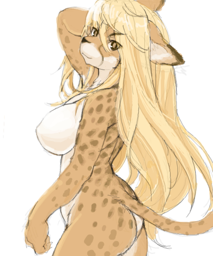 5:6 anthro big_breasts black_nose blonde_hair breasts brown_body brown_fur cheetah felid feline female fur hair hand_behind_head kemono kikurage long_hair looking_at_viewer mammal nude pose simple_background slim solo white_background white_body white_fur yellow_eyes // 600x720 // 293.3KB