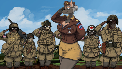 16:9 anthro armor asinus bag beauty_mark big_breasts breasts canid canine canis cleavage clothed clothing domestic_dog donkey equid equine fangs female gesture group hair hat headgear headwear helmet hi_res hladilnik horse lagomorph leporid male mammal military rabbit salute smile // 1920x1080 // 2.2MB