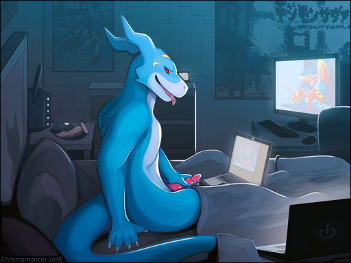 2018 anthro chromamancer computer digimon digital_media_(artwork) erection flamedramon laptop male male_only masturbation nude open_mouth penis scalie solo // 1600x1200 // 1.3MB