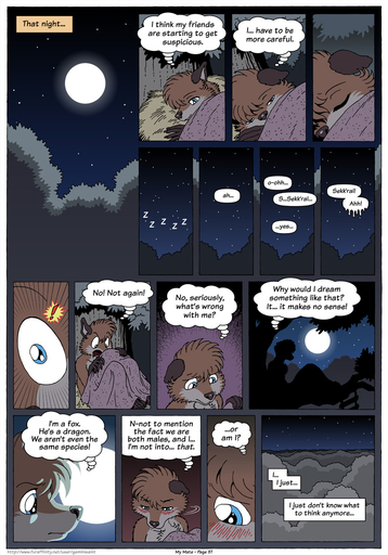 2016 anthro bed blue_eyes blush canid canine comic dialogue english_text eyes_closed fantasizing farin forest fox furniture geminisaint hi_res male mammal moan moon nature night on_bed plant shocked sky sleeping solo star starry_sky text thought_bubble tree under_covers wet_dream wide_eyed // 896x1280 // 376.3KB