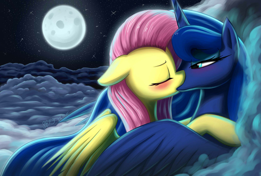 2015 blue_hair blush cloud duo embrace equid equine eyebrows eyelashes eyes_closed eyeshadow feathered_wings feathers female femalefemale feral feral_on_feral fluttershy_(mlp) friendship_is_magic hair half-closed_eyes hasbro hi_res horn horse kissing lying makeup mammal mascara moon my_little_pony narrowed_eyes night_sky outside pegasus phenyanyanya pink_hair princess_luna_(mlp) romantic_ambiance romantic_couple star teal_eyes winged_unicorn wings // 1600x1080 // 175.4KB