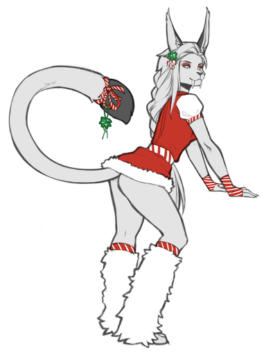 anthro big_ears big_tail black_nails bottomwear christmas clothed clothing colored_nails dress eyeshadow fangs felid female hair hi_res holidays kissing_bough long_hair machairodontine makeup mammal mistletoe nails plant raised_tail ribbons simple_background skirt snow_(snowier) solo spearfrost teeth white_eyes white_hair // 910x1222 // 3.2MB