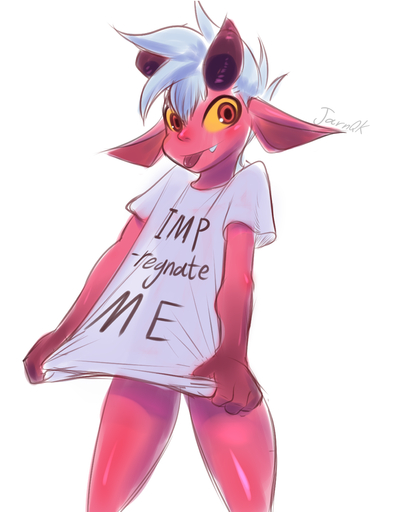 absurd_res ambiguous_gender clothed clothing demon female hi_res imp impregnation_request jarnqk looking_at_viewer luqi_(jarnqk) partially_clothed shirt smile solo suggestive_shirt t-shirt teeth text text_on_clothing text_on_topwear tongue tongue_out topwear // 3000x3900 // 3.0MB