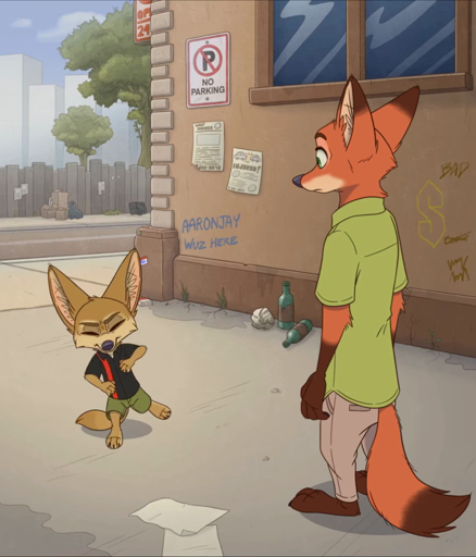 2022 2d_animation aar0njay animated anthro breakdancing canid canine clothed clothing dancing detailed_background duo fennec finnick fox humor looking_at_another male mammal meme music necktie nick_wilde outside short_playtime signature sound vulpes webm // 926x1080, 24.2s // 2.3MB