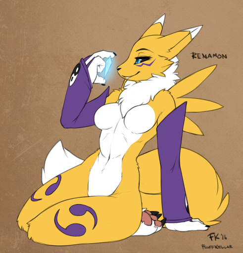 2017 anthro armwear blue_eyes breasts bridal_gauntlets canid canine clothing crystal digimon digimon_(species) featureless_breasts female fluff-kevlar fur mammal mostly_nude pawpads renamon simple_background solo white_body white_fur yellow_body yellow_fur // 842x878 // 498.5KB