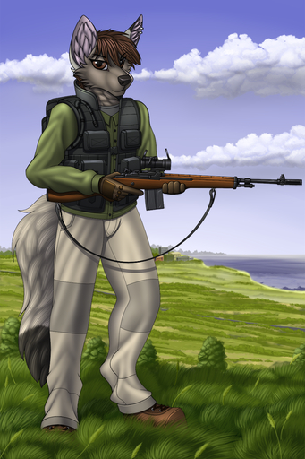 2018 2:3 5_fingers anthro black_nose brown_eyes brown_hair canid canine clothed clothing day ear_piercing fingers fox grass gun hair hi_res holding_gun holding_object holding_weapon looking_at_viewer m14 male mammal outside piercing plant ranged_weapon rifle sky smile solo standing tales_foxdale weapon // 800x1200 // 931.3KB
