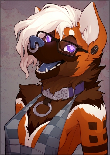 2015 anthro blue_nose blue_tongue breasts brown_body brown_fur canid canine clothing collar ear_piercing eyewear facial_piercing female fur gauged_ear glasses hair hi_res looking_at_viewer mammal maned_wolf nose_piercing nose_ring open_mouth orange_body orange_fur piercing portrait princess_(paigeforsyth) purple_eyes septum_piercing smile solo tongue white_hair wolfy-nail // 905x1280 // 191.6KB