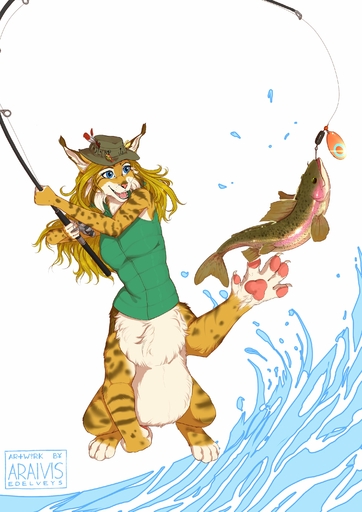 4_toes 5_fingers absurd_res araivis-edelveys clothing duo eyebrows eyelashes feet felid feline female feral fingers fish hat headgear headwear hi_res lynx mammal marine taur toes // 2141x3025 // 558KB