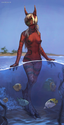 2016 absurd_res alien anthro blackwedged_butterflyfish breasts butterflyfish casual_nudity claws female fish genitals hi_res hooves hybrid looking_at_viewer marine meylan nipples non-mammal_breasts nude outside partially_submerged pussy sea solo totesfleisch8 val_(nalz) water waterline_view wet // 3000x5854 // 4.2MB