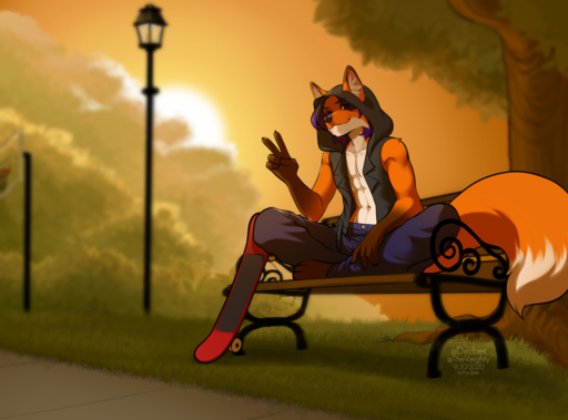 2020 4_toes 5_fingers abs anthro bench canid canine day detailed_background digital_media_(artwork) eyebrows eyelashes feet fingers fox fur grass kittydee male mammal orange_body orange_fur outside plant sitting sky smile solo toes tree // 1280x947 // 886KB