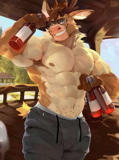 2021 abs alcohol alcoholic_drink anthro antlers armpit_hair bakemonoy beverage biceps biped body_hair bottomwear bulge capreoline cervid clothed clothing clothing_cord countershade_torso countershading detailed_background digital_media_(artwork) drawstring eyewear fur glasses grin hi_res horn looking_at_viewer male mammal muscular muscular_anthro muscular_male neck_tuft nipples outside pants partially_clothed pecs portrait raiz reindeer signature smile solo standing three-quarter_portrait topless topless_anthro topless_male tuft wine_bottle // 1500x2021 // 278.7KB