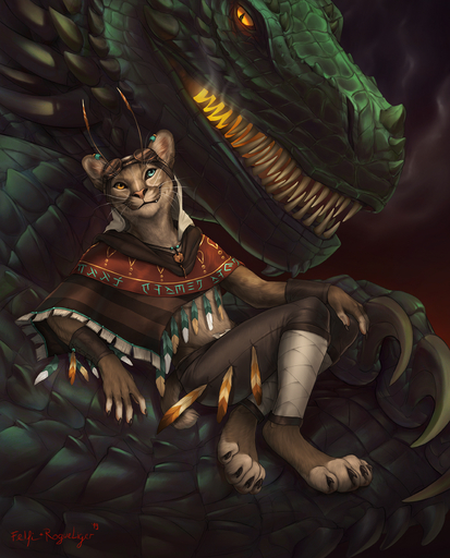 2019 5_fingers ambiguous_gender anthro clothed clothing digital_media_(artwork) dragon felfi felid feline feral fingers green_body green_scales heterochromia hi_res male mammal rogueliger scales smile whiskers // 1331x1650 // 2.8MB