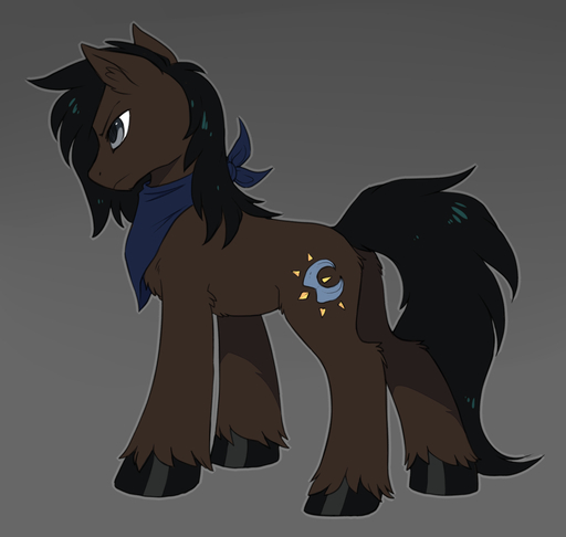 black_hair blue_eyes brown_body brown_fur cutie_mark equid fan_character feral fur grey_background hair hi_res hioshiru hooves male mammal simple_background solo standing // 1500x1424 // 315KB