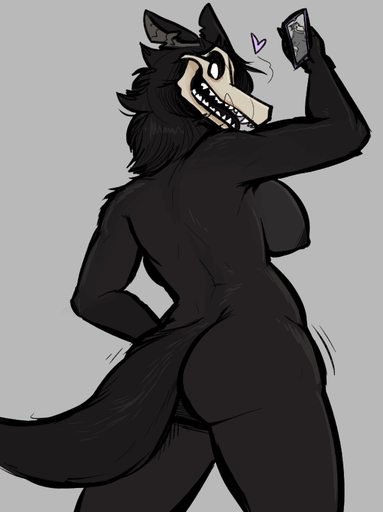 anthro black_body black_fur black_hair bone butt canid canine female fur hair keadonger looking_back malo mammal nipples phone rear_view scp-1471 scp-1471-a scp_foundation simple_background skull solo standing undead // 638x854 // 111.4KB