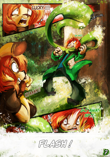 big_breasts breasts bright clothed clothing comic detailed_background english_text fangs female forest fur glistening hair hi_res human kangaroo lucky_the_leprechaun macropod male mammal marsupial mascot multicolored_body multicolored_fur nature outside plant red_hair scarf side_boob spirale spirale_(character) teeth text tree yellow_eyes // 1022x1450 // 1.4MB