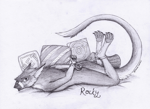 4_toes absurd_res ankles_tied anthro azural_cobaltros barefoot bdsm bondage bound captured feet hands_behind_back helpless hi_res hogtied male muzzle_(object) muzzled nervous nude pet pillow rocky_sergal sergal solo struggling submissive submissive_male toes wrists_tied // 8675x6342 // 21.0MB