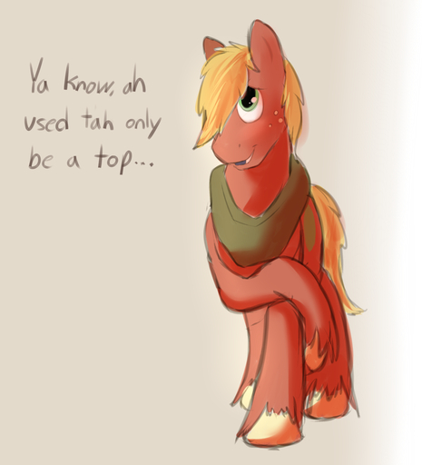 big_macintosh_(mlp) braeburned crossed_legs dialogue digital_media_(artwork) earth_pony english_text equid equine feral front_view fur green_eyes hair hair_over_eye hi_res hooves horse male mammal one_eye_obstructed orange_hair plow_yoke pony red_body red_fur shaded simple_background sketch smile solo talking_to_viewer text // 1279x1408 // 568.3KB