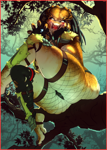 2020 <3 absurd_res alien alien_humanoid armor blush border breasts camel_toe claws clothed clothing crossed_legs detailed_background dreadlocks feet female fishnet fishnet_legwear gear hi_res humanoid jungle legwear looking_at_viewer plant predator_(franchise) red_border rube seductive sitting skimpy smile solo thick_thighs thong toe_claws tree underwear wide_hips yautja // 1786x2508 // 4.4MB