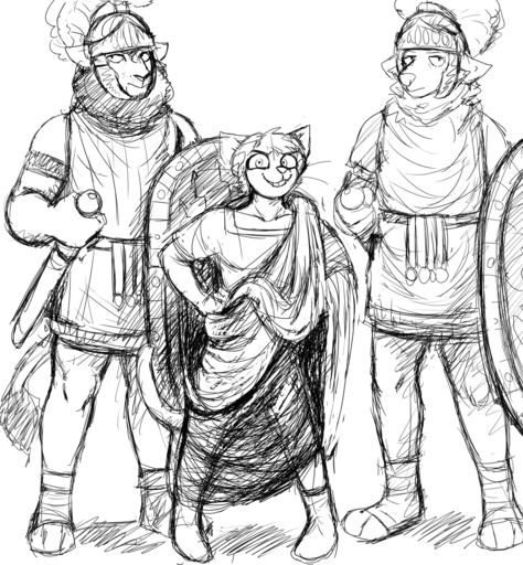 anthro armor black_and_white canid canine canis catligula clothing domestic_cat felid feline felis galea group hair headgear helmet hi_res hladilnik lion male mammal melee_weapon monochrome pantherine roman shield size_difference smile soldier sword toga warrior weapon wolf // 1184x1280 // 1.8MB
