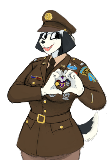 2018 2:3 anthro canid canine canis clothing domestic_dog female gesture hand_heart hi_res hladilnik mammal medal military_uniform necktie oppai_heart purple_heart samantha_thott simple_background smile solo uniform white_background // 1280x1920 // 995.0KB