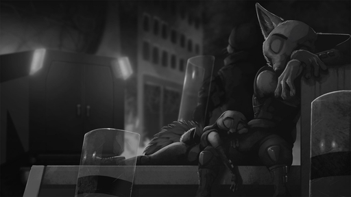 16:9 2020 anthro building canid canine detailed_background duo_focus eyes_closed female fox fur group ipoke judy_hopps lagomorph leporid male mammal monochrome nick_wilde outside rabbit red_fox riot_shield vehicle vulpes widescreen // 1200x675 // 93.0KB