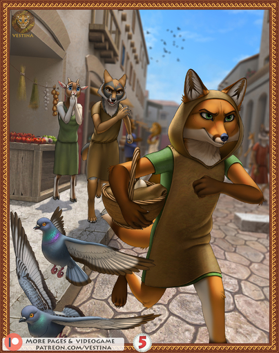 4_fingers 4_toes agatha_(vestina) ancient ancient_rome anthro apple avian barefoot basket biped bird bovid brown_body brown_fur canid canine canis caprine claws clothed clothing columbid comic comic_panel container coyote day detailed_background digital_media_(artwork) digitigrade egg english_text feet female finger_claws fingers food fox fruit fully_clothed fur furgonomics goat group hi_res holding_object hooves male malefemale mammal multicolored_body multicolored_fur onion outside pigeon plant roman rome sand_fur servius_(vestina) shaded sky slave smile spqr standing stealing street text thief toes tunic url vegetable vestina white_body white_fur // 1420x1800 // 1.7MB